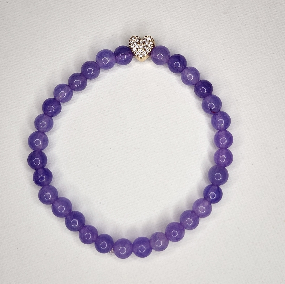 Lavender Purple Jade Beaded Stretch Bracelet, Pavé Heart Charm